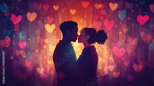 Embracing Couple in Heartful Background Design Illustrating Love and Connection in a LGBTQ Theme photo