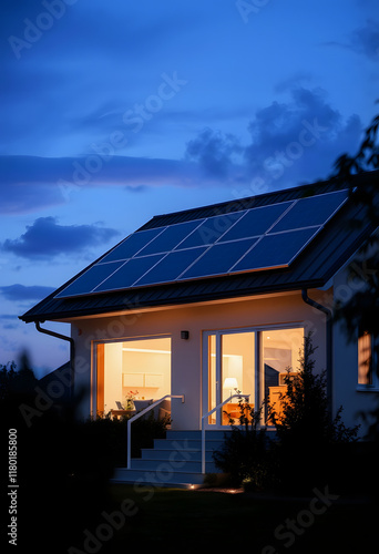 Solar panels on the roof. Beautiful modern house day and night. Ecology idea - solar energy at home, simple style, with white tones