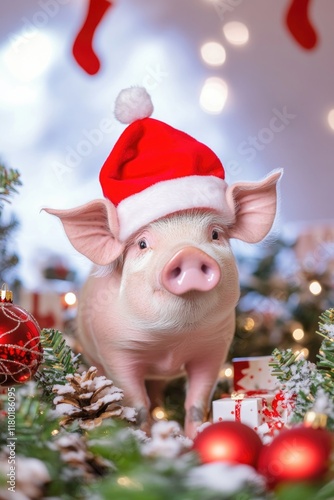 A pig dressed as Santa Claus stands among branches of a decorated Christmas tree photo