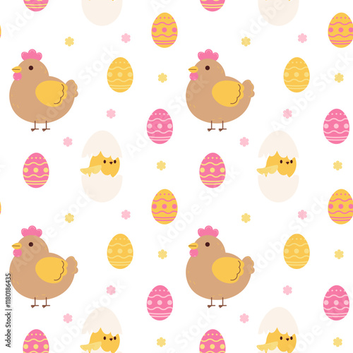 Easter seamless pattern with flowers, Easter eggs, Hen and chicken. Suitable for Easter cards, banners, textiles, wallpaper. Vector illustration.