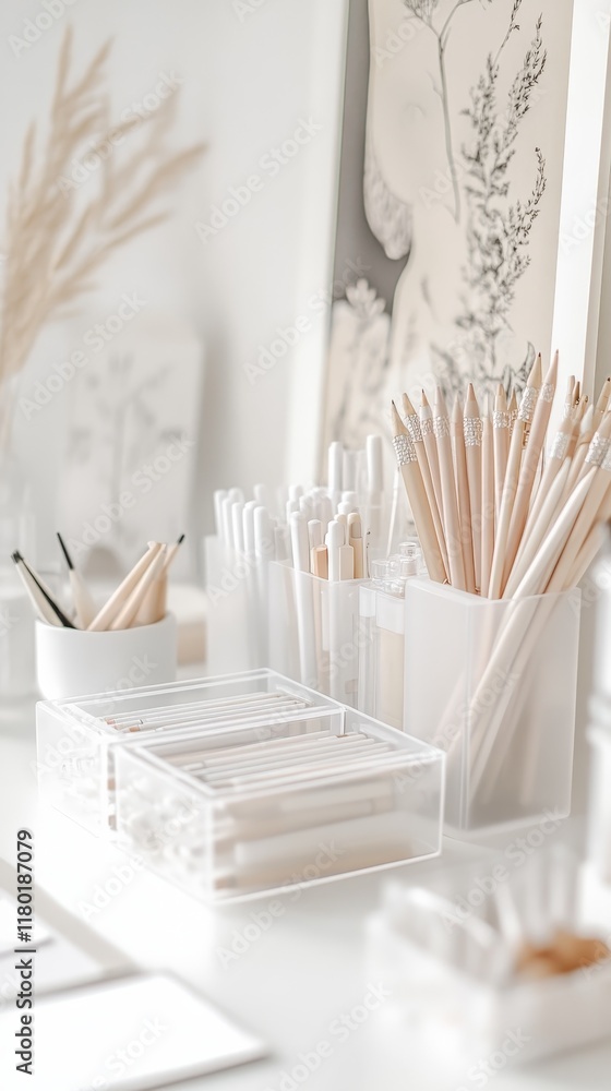 A neatly arranged desk showcasing a minimalistic style with an assortment of pencils, pens, and art tools in neutral tones. A neatly arranged desk showcasing a minimalistic style with an assortment of pencils, pens, and art tools in neutral tones.
