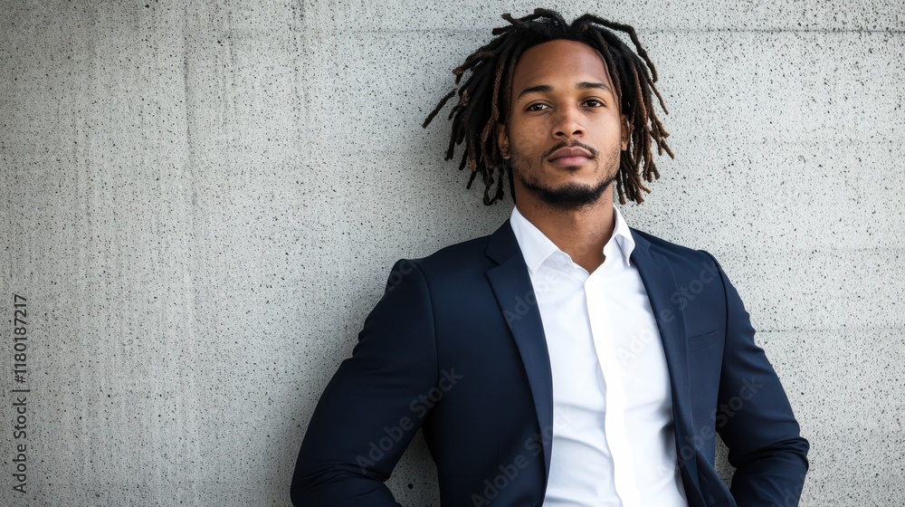 Confident young male professional in suit posing against concrete wall Confident young male professional in suit posing against concrete wall