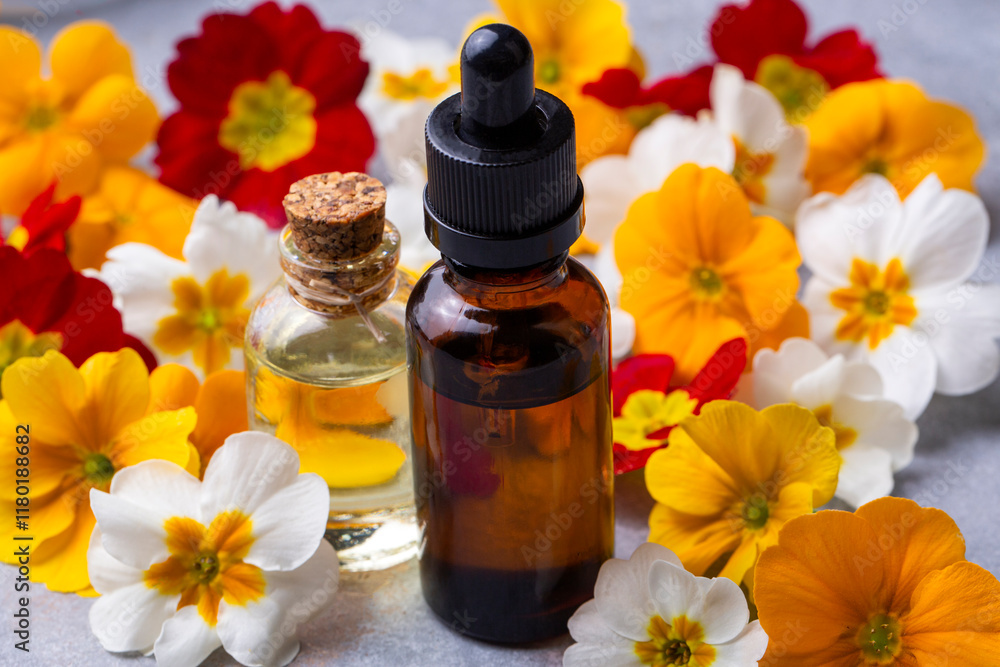 Organic cosmetics, Primula natural oil, handmade with herbal and primrose flower extracts in glass bottles Organic cosmetics, Primula natural oil, handmade with herbal and primrose flower extracts in glass bottles
