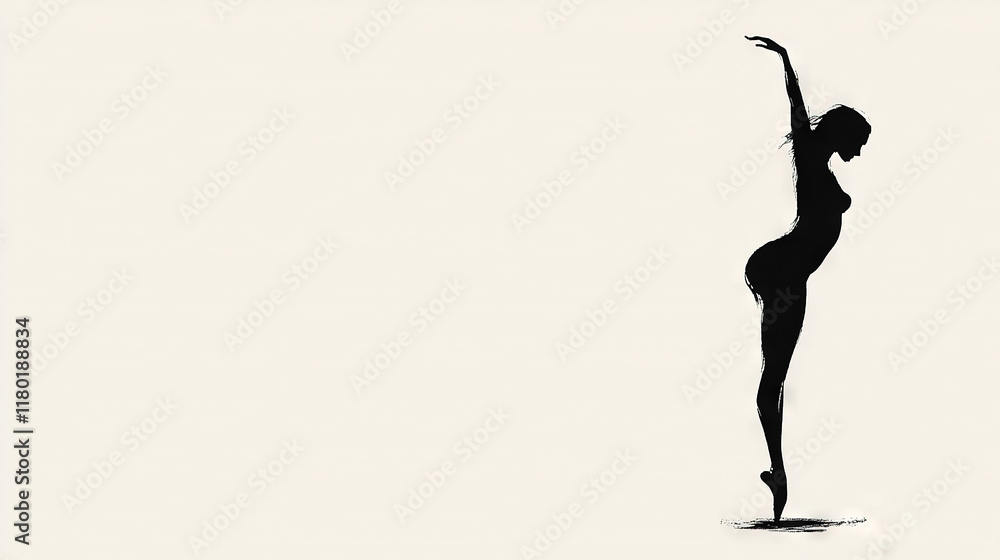 Drawing of a woman in a yoga pose with hand raised high, monochrome style Drawing of a woman in a yoga pose with hand raised high, monochrome style