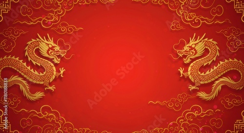 Wallpaper Mural Chinese New Year Dragon Background: Two majestic golden dragons with intricate scales and swirling clouds adorn a vibrant red background. Torontodigital.ca