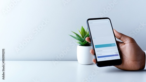 African adult male holding smartphone with graph display near succulent on white table