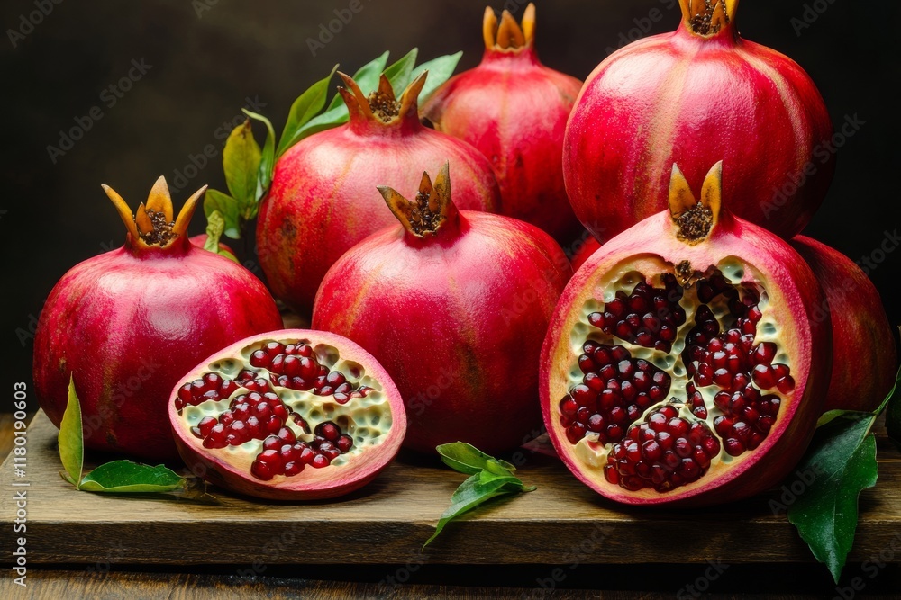 A collection of fresh pomegranates sits on a rustic wooden table. Some are sliced open, revealing glistening red seeds while green leaves add a natural touch. Soft light enhances the vibrant scene A collection of fresh pomegranates sits on a rustic wooden table. Some are sliced open, revealing glistening red seeds while green leaves add a natural touch. Soft light enhances the vibrant scene
