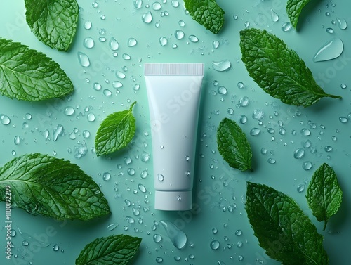 Toothpaste Tube with Mint Leaves and Water Droplets in Natural Refreshing Concept