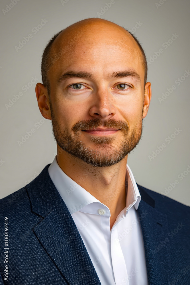 A man with a bald head wearing a blue suit and white shirt A man with a bald head wearing a blue suit and white shirt