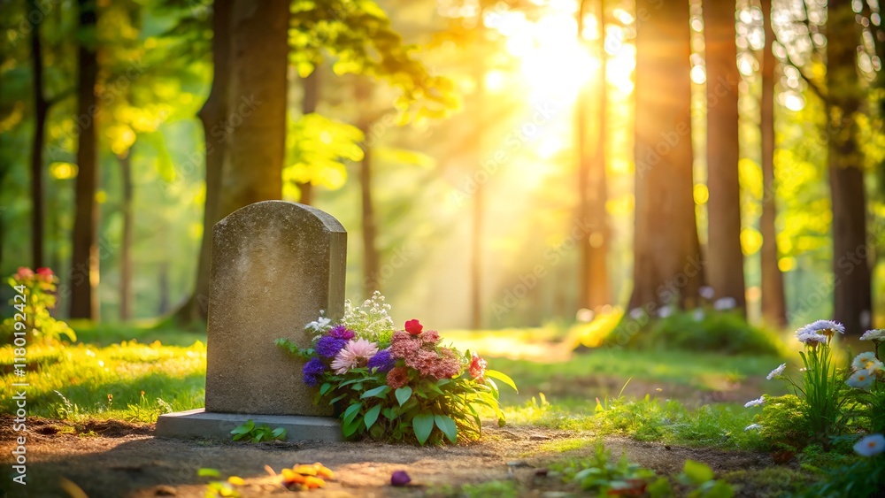 Fototapeta premium A peaceful, unmarked gravestone surrounded by fresh flowers in a sunlit forest, symbolizing remembrance, loss, and eternal rest.