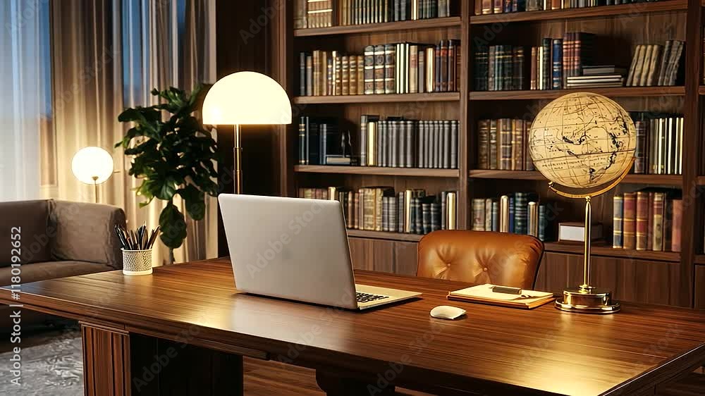 Virtual Meeting Backdrop with Modern Home Office and Library Virtual Meeting Backdrop with Modern Home Office and Library