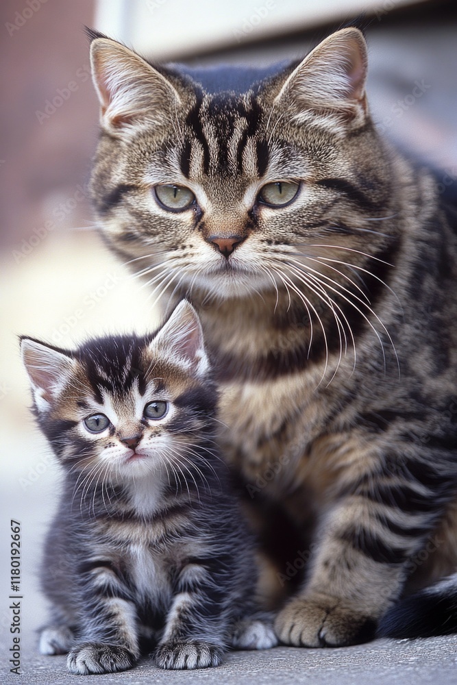 A cat sits next to a small kitten, showcasing their bond A cat sits next to a small kitten, showcasing their bond