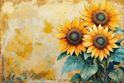 A painting of three sunflowers on a yellow background