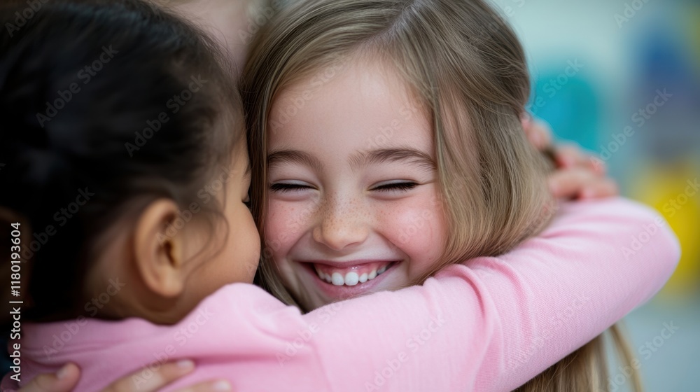 Joyful embrace of diverse young girls in friendship Joyful embrace of diverse young girls in friendship