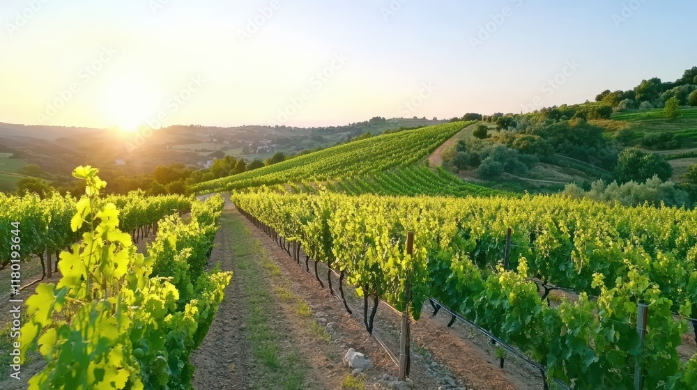 Fototapeta premium Lush vineyard at sunset with rolling hills and vibrant green vines
