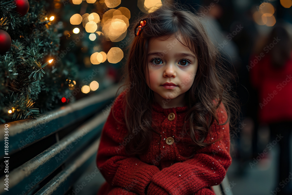 A little girl sitting on a bench in front of a Christmas tree A little girl sitting on a bench in front of a Christmas tree