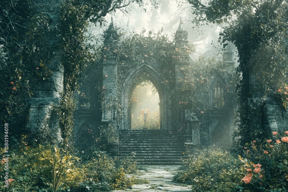 Overgrown Stone Archway Leads To Misty Forest Path Overgrown Stone Archway Leads To Misty Forest Path