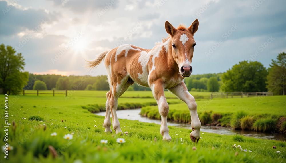Fototapeta premium Playful foal trotting through green meadow at sunset