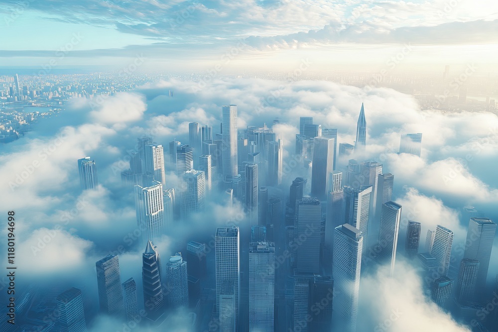 Fototapeta premium Modern city and cloud computing concept. Software as a Service. Wide angle visual for banners or advertisements.