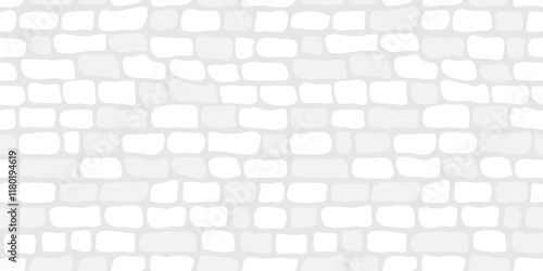 Brick wall seamless pattern, light tile texture, white and gray stone background. Path calm repeat wallpaper, geometric modern element print. Cartoon rock block design. Abstract vector illustration