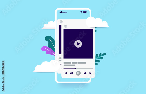 Music streaming on phone - Mobile smartphone with podcast, audio or audiobook stream popping out of screen. Decorative front view flat vector illustration