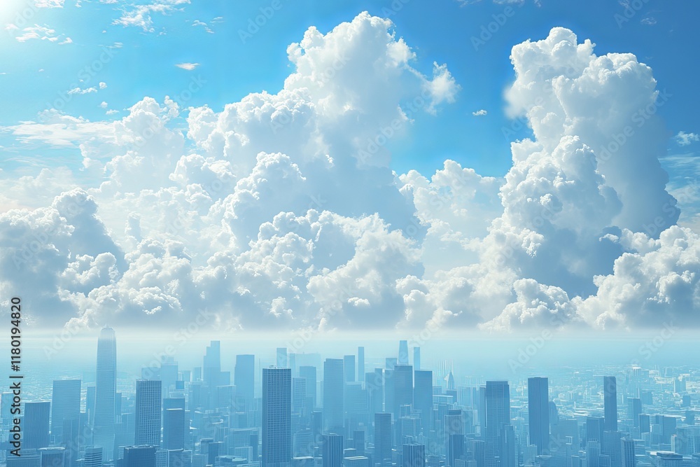 Obraz premium Modern city and cloud computing concept. Software as a Service. Wide angle visual for banners or advertisements.