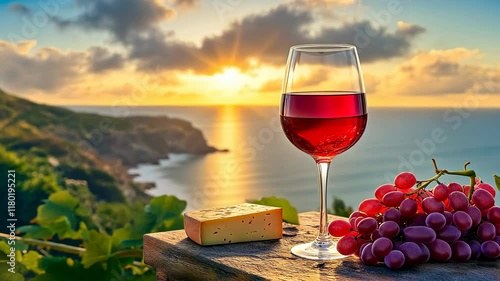 Wallpaper Mural An adult enjoys a glass of red wine beside cheese and grapes on a wooden table, overlooking a sunny coastal scene. It's a concept of leisure and luxury. Torontodigital.ca