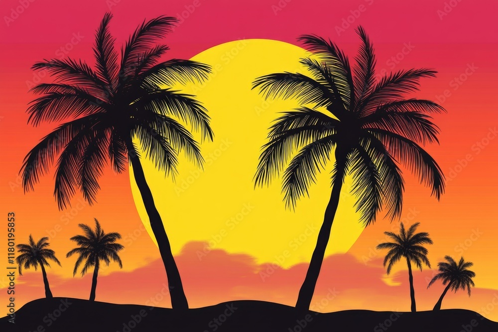 A scenic view of palm trees against a beautiful orange sunset sky A scenic view of palm trees against a beautiful orange sunset sky
