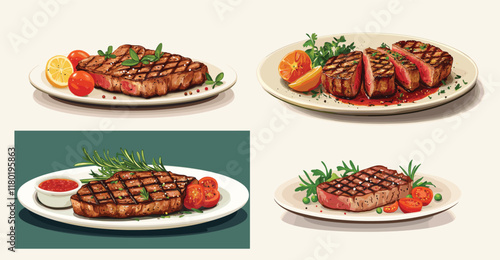 A collection of vector illustrations showcasing grilled steak with charred marks, vibrant garnish including cherry tomatoes