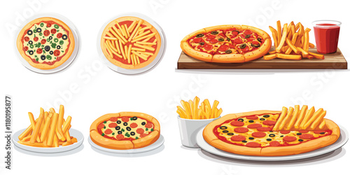 vector art, or digital illustration showcasing creative pizza designs with various toppings and crispy fries