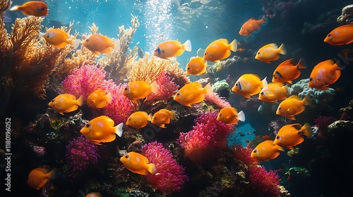 Wallpaper Mural vibrant underwater scene with a school of bright orange fish swimming among colorful coral reefs. Torontodigital.ca