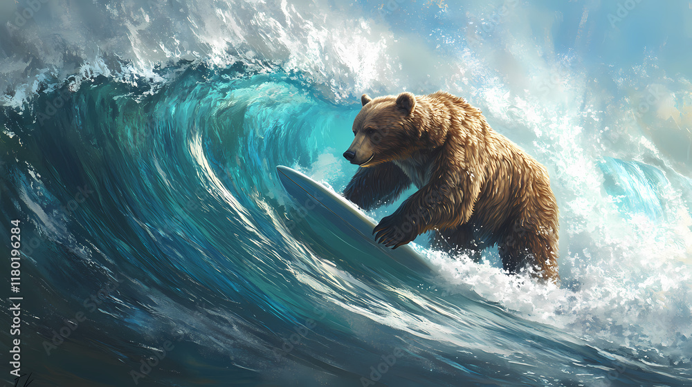 A bear skillfully surfing a massive wave, capturing the beauty and power of nature in a dynamic outdoor scene. Wavecrest. Illustration A bear skillfully surfing a massive wave, capturing the beauty and power of nature in a dynamic outdoor scene. Wavecrest. Illustration