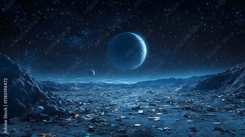 A Stark Contrast: Space Trash Littering the Moon's Surface Beneath a Breathtaking Starry Sky and Distant Planets A Stark Contrast: Space Trash Littering the Moon's Surface Beneath a Breathtaking Starry Sky and Distant Planets