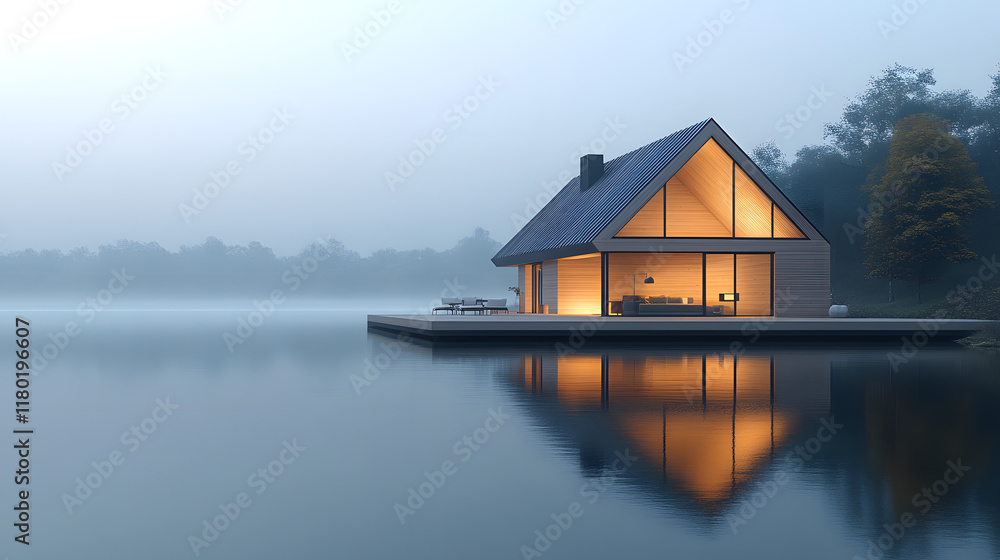 Stylish Minimalistic Wooden House in Scandinavian Architecture with Warm Glow Surrounded by Fog on the Calm Waterfront Stylish Minimalistic Wooden House in Scandinavian Architecture with Warm Glow Surrounded by Fog on the Calm Waterfront