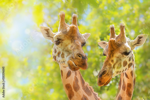 Photography Two giraffes close-up, love, wild animal behaviour, animal with a long neck, zoology, animal world, animal protection