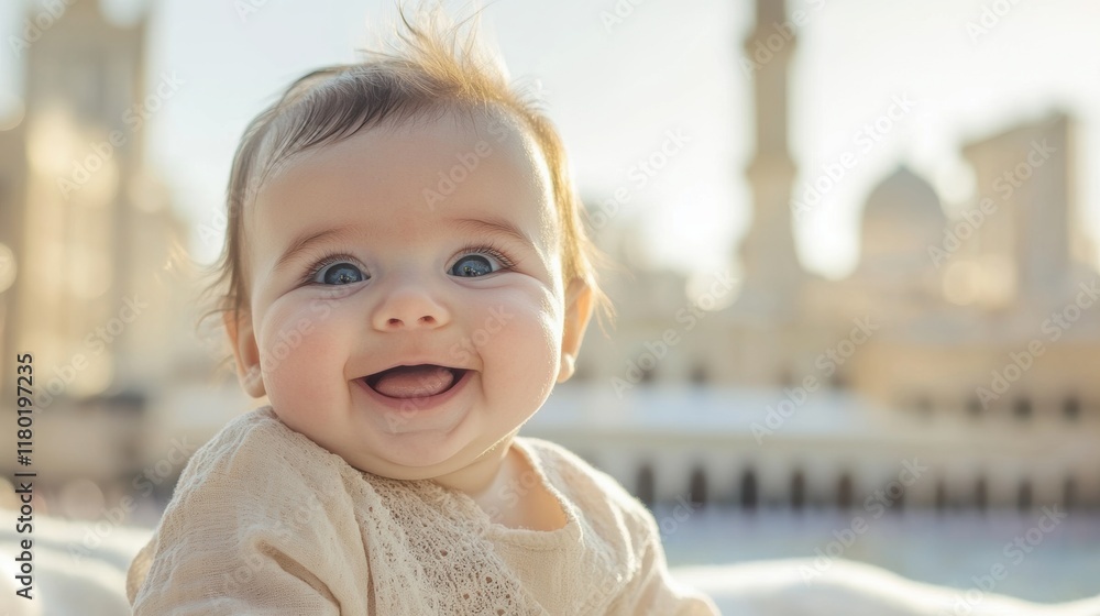 Smiling caucasian infant in light beige outfit with historical architecture in background Smiling caucasian infant in light beige outfit with historical architecture in background