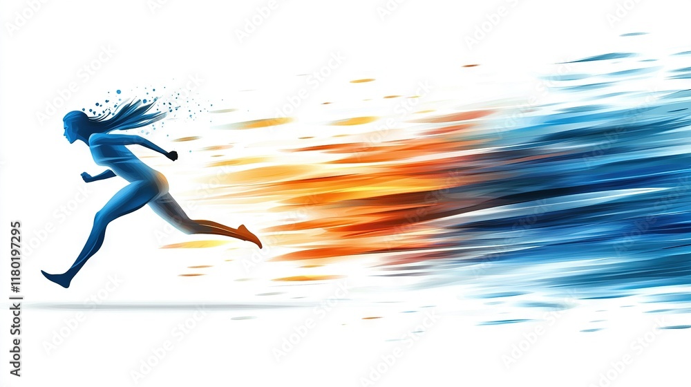 Naklejka premium A woman sprints past an orange-blue building filled with fire, ice, and billowing smoke