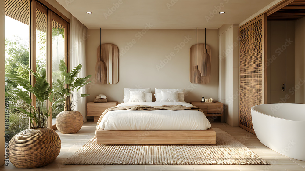Elegantly Designed Contemporary Bedroom with Bleached Wooden Elements and Freestanding Bathtub in Serene White and Beige Color Palette Elegantly Designed Contemporary Bedroom with Bleached Wooden Elements and Freestanding Bathtub in Serene White and Beige Color Palette