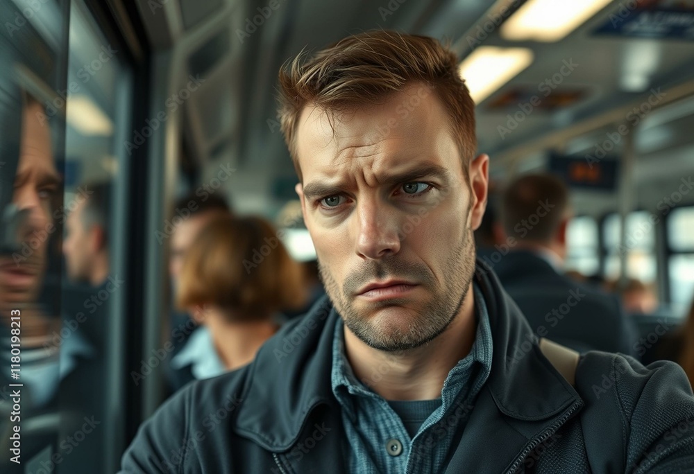 Frustrated male commuter on a crowded bus Frustrated male commuter on a crowded bus