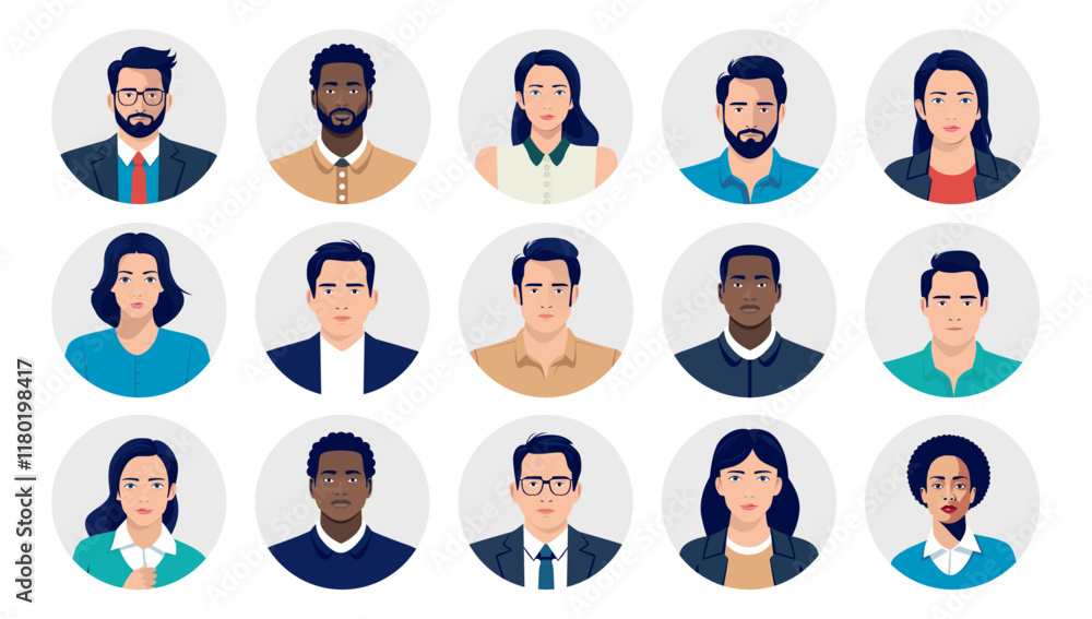 Vector people faces avatars and users collection - Set of illustrations with profile pictures of diverse people in various clothes and styles. Flat design in oval frame on white background Vector people faces avatars and users collection - Set of illustrations with profile pictures of diverse people in various clothes and styles. Flat design in oval frame on white background