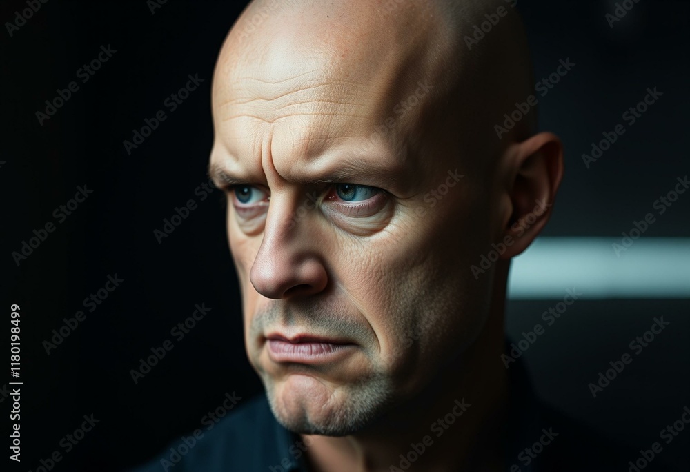 Bald man with a stern expression and dimly lit background Bald man with a stern expression and dimly lit background