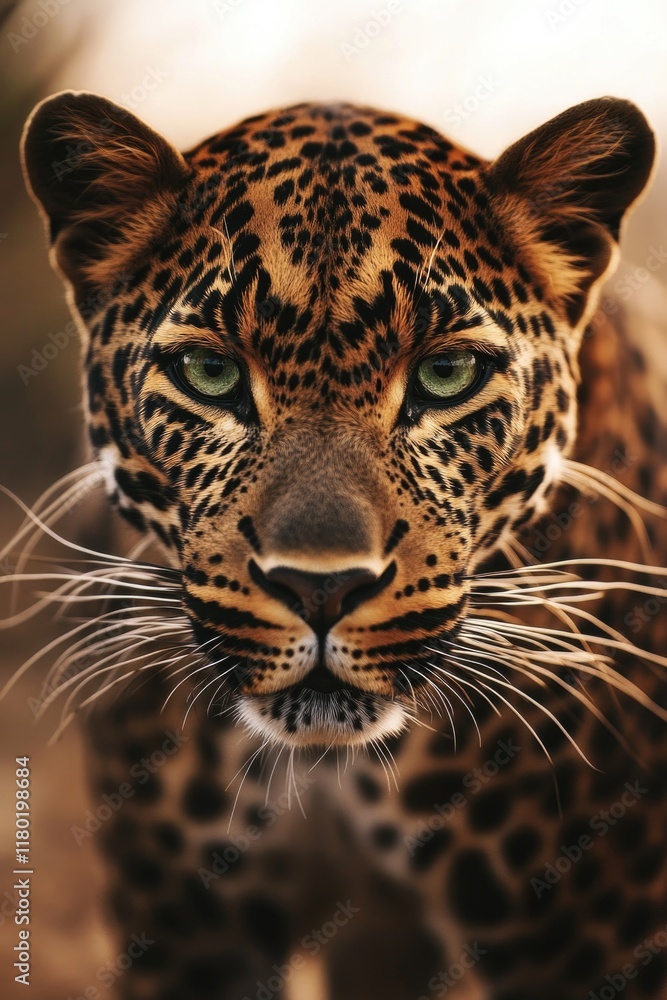 Fototapeta premium Close-up shot of a leopard's face featuring distinctive green eyes