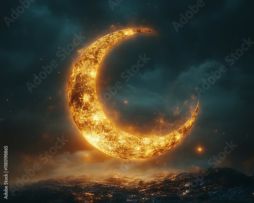 Fiery crescent moon over dark landscape.