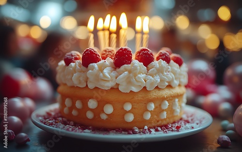 Delicious raspberry birthday cake with lit candles.