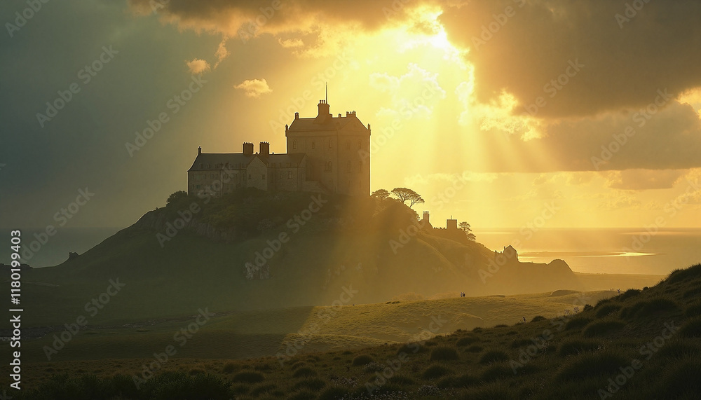 Obraz premium Castle on a hill during sunset with dramatic lighting, St. Patrick’s Day
