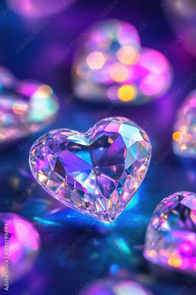 Shimmering heart shaped crystals with colorful reflections and bokeh Shimmering heart shaped crystals with colorful reflections and bokeh
