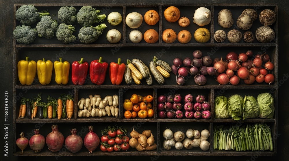 Rows of fresh vegetables on the shelves at a supermarket. Fresh veggies for sale at a grocery store Rows of fresh vegetables on the shelves at a supermarket. Fresh veggies for sale at a grocery store