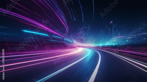 Panoramic high-speed technology concept, dynamic light abstract background. Fast motion on road, vibrant neon blue, purple glow. Abstract futuristic website, application design, gaming template, compu