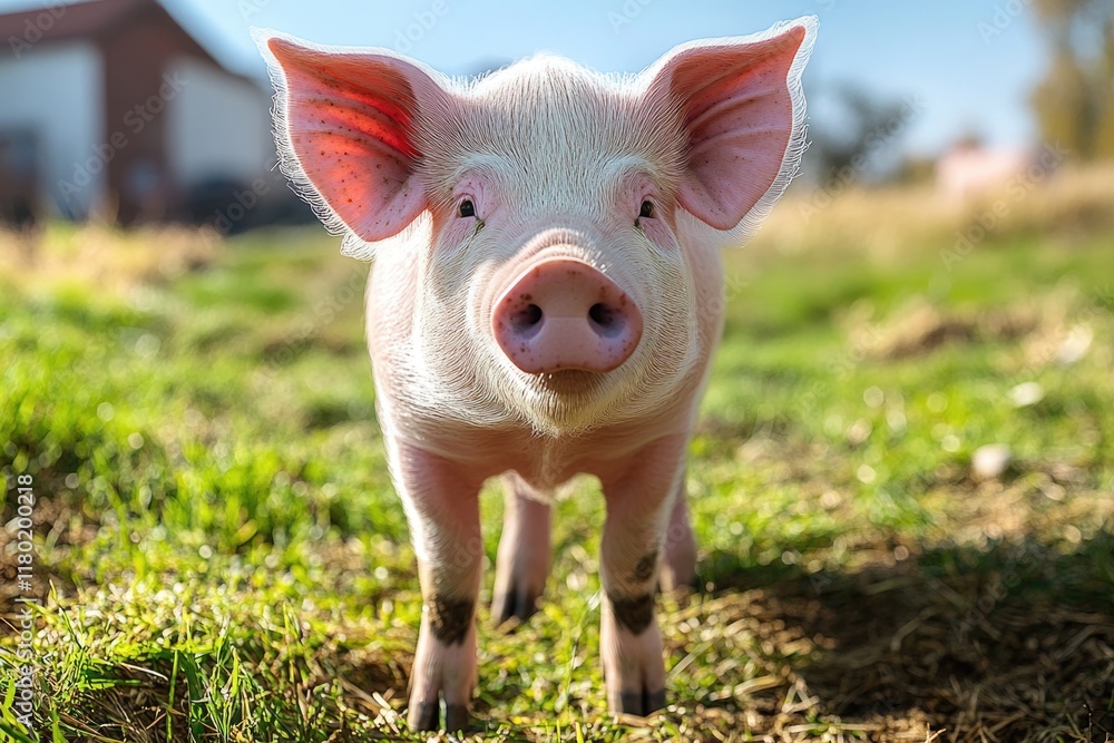 A pig standing by a rural house with lush green grass A pig standing by a rural house with lush green grass