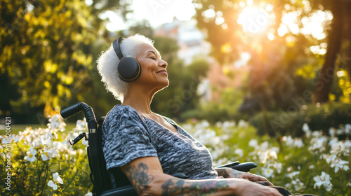 senior black woman in wheelchair in city park during spring, blooming flowers and greenery. listens to music with large, modern headphones, wearing casual stylish clothes, with tattoos on her arms